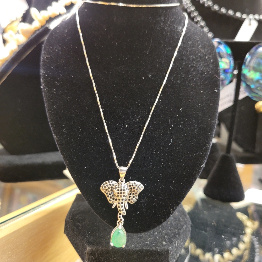 Sterling Emerald and Onyx Elephant Pendant on Silver Chain